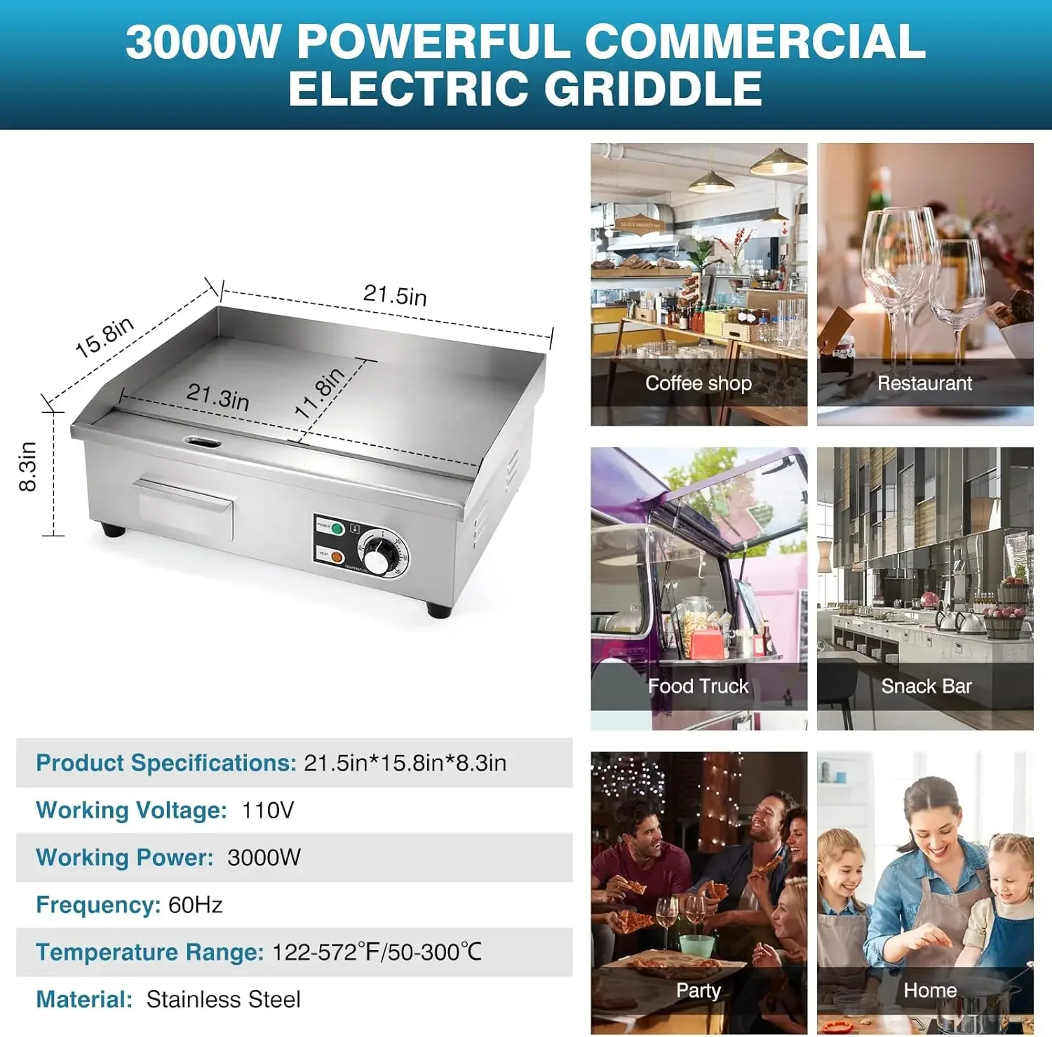 Plancha eléctrica comercial de 22", plancha eléctrica superior plana de 3000 W para interiores con 122 ~ 572 ℉   Temperatura ajustable Con