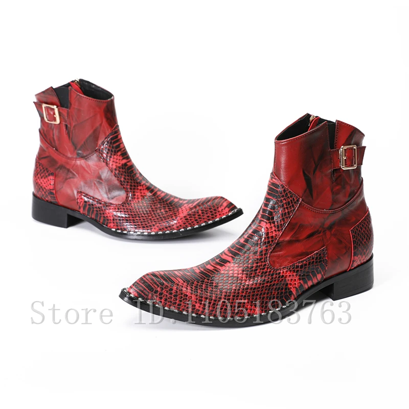 Red Snake Pattern Men's Chelsea Boots Genuine Leather Pointed Toe Western Style Ankle Boots with Metal Buckle & Block Heel