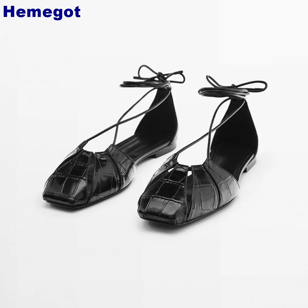 Square Toe Genuine Leather Roman Sandals 2024 Summer New Casual Street Mary Janes Ankle Strap Black Fashion Women Flat Sandals