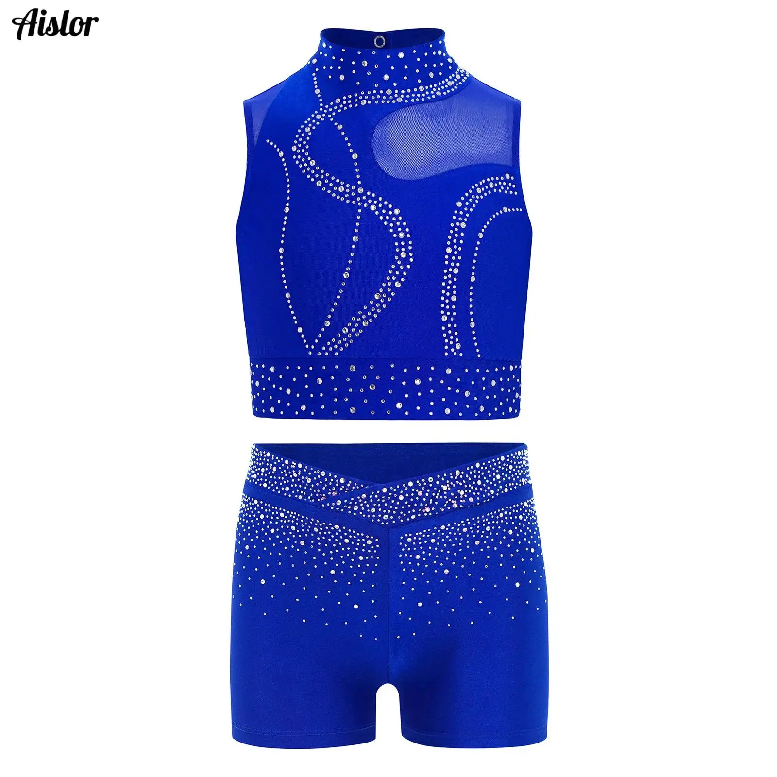 Kids Girls Sportwear Gymnastics Ballet Dance Outfit Sparkling Rhinestones Sleeveless Keyhole Back Mesh Patchwork Crop Top+Shorts