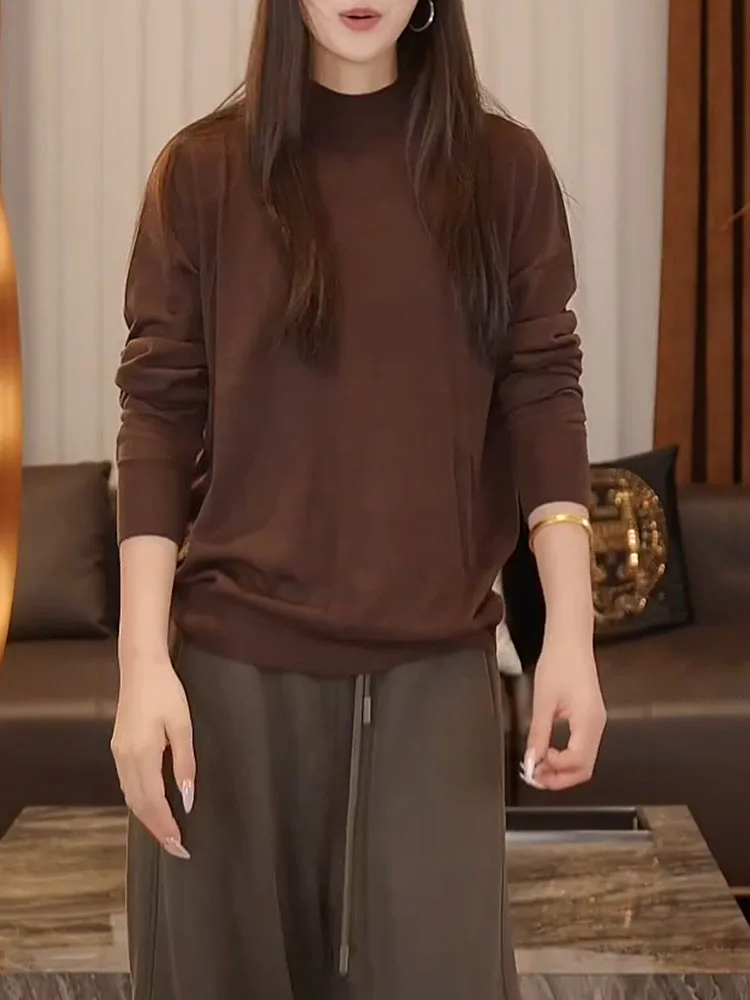 

Fall 2025 Brown Long Sve f High Ne plus Size Base irt Ele Faionable Slimming Top for All Body pes