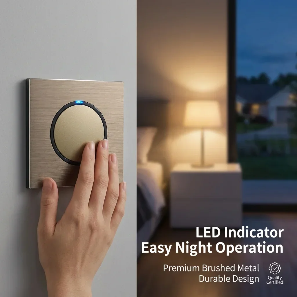 Brown Metal Wall Switch Round LED Light Button 1 2 3 4 Gang Light Switch Brushed Aluminum Plate L6 Series