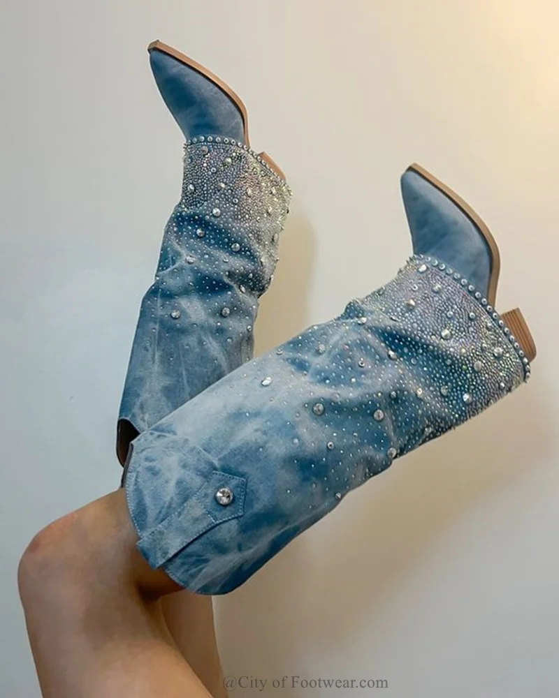 Crystal Denim Western Boots Rhinestone Pointed Toe Fold Chunky Heel Knee High Cowboy Boots Luxury Designer Sexy Winter Shoes