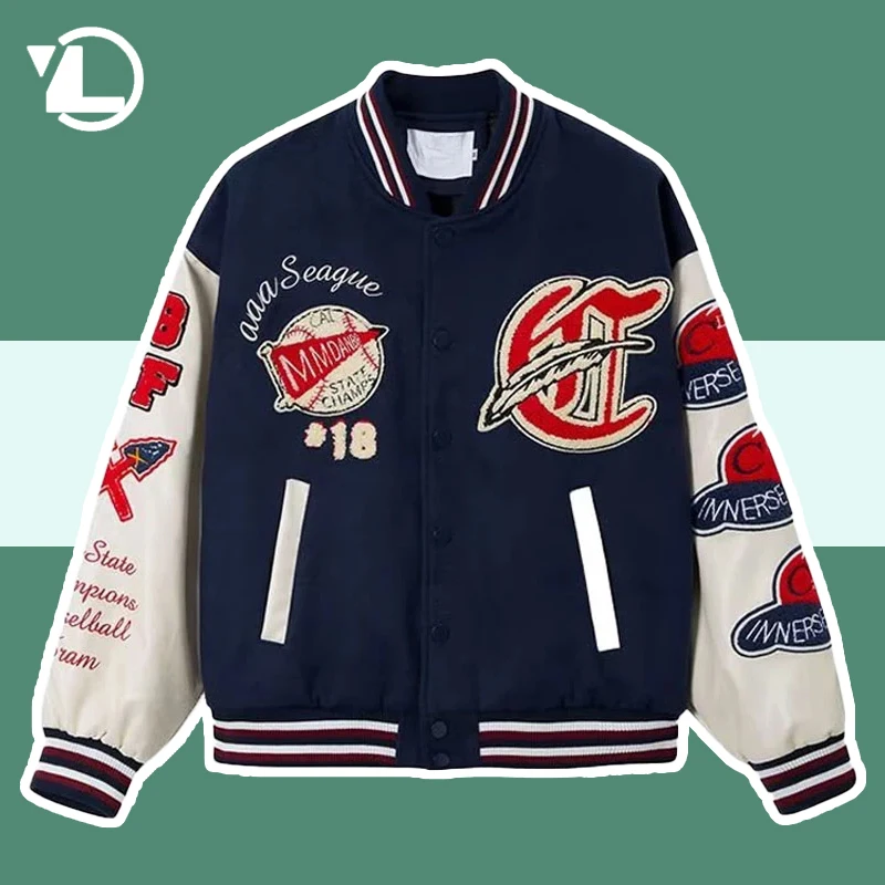 

Flocking Embroidery Bomber Jackets Mens Harajuku High Street Baseball Uniform Coats Unisex Casual Patchwork PU Varsity Outwear