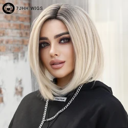 7JHH WIGS Ombre Blonde Bob Wig for Women Daily Cosplay Short Synthetic Middle Part Wigs Platinum Lolita Wig Heat Resistant