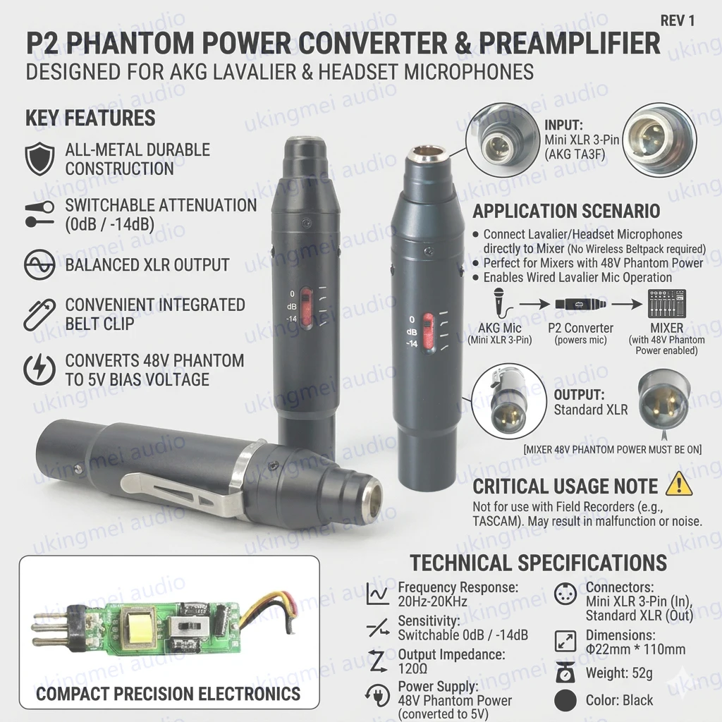 Optional Sensitivity 48V Phantom Power Adapter XLR 3Pin For Shure 4Pin AKG 3Pin Musical Instrument Lavalier Headset Microphone