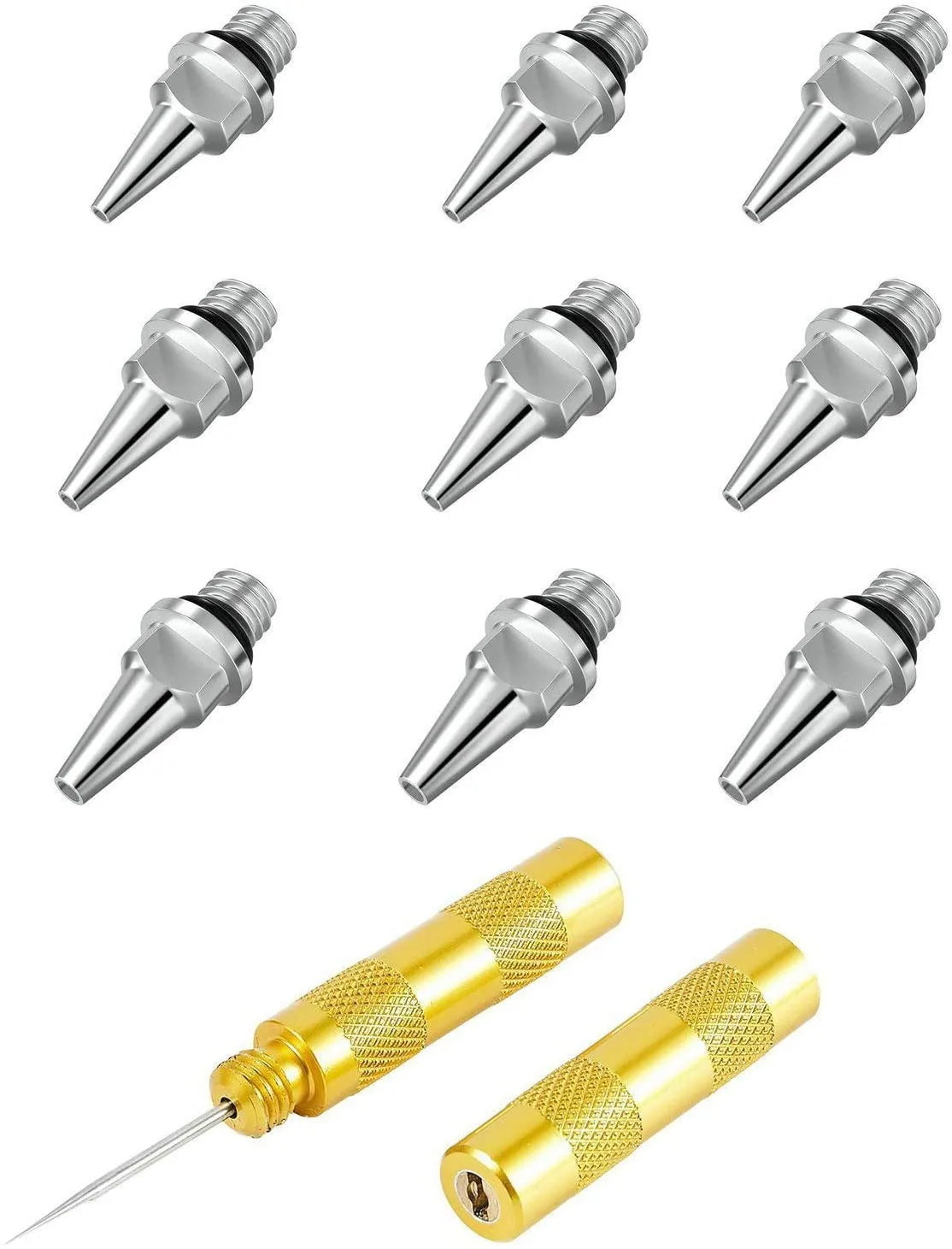 JOYSTAR 9pcs 0.2mm 0.3mm 0.5mm Airbrush Nozzles with 1 Airbrush Repairing Cleaning Tool Replacement for Airbrush Spray Gun