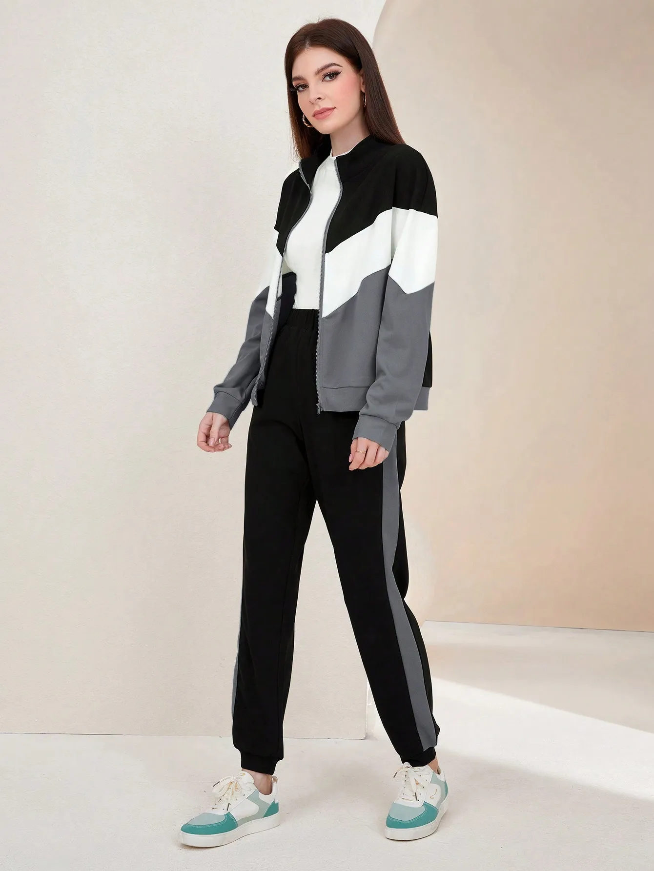 Colorblock Zip-Up Sweatshirt and Joggers Matching Set for Women