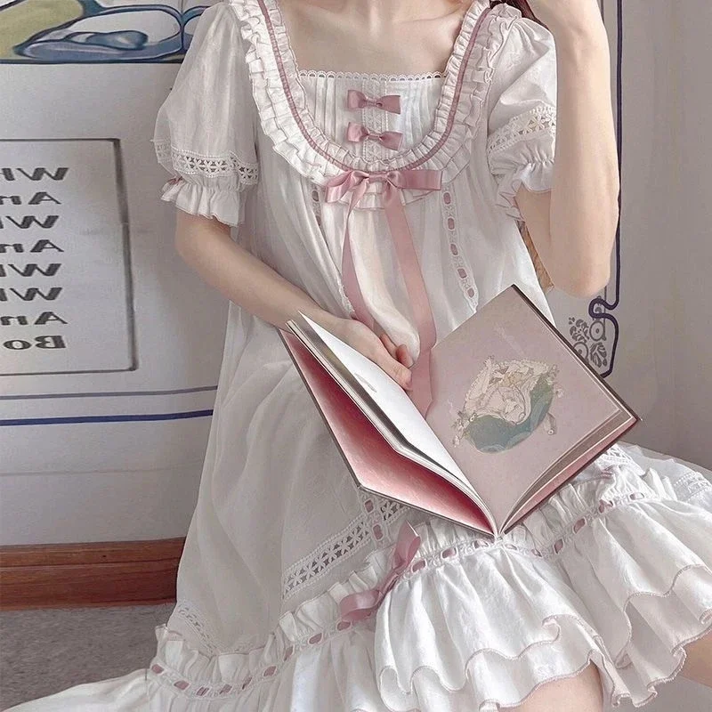 Sweet Nightdress Bowknot Lace Short Sleeve Ruffles Pajamas Women's Summer Kawaii Nightgowns Pajamas Soft Girls Casual Sleepwear