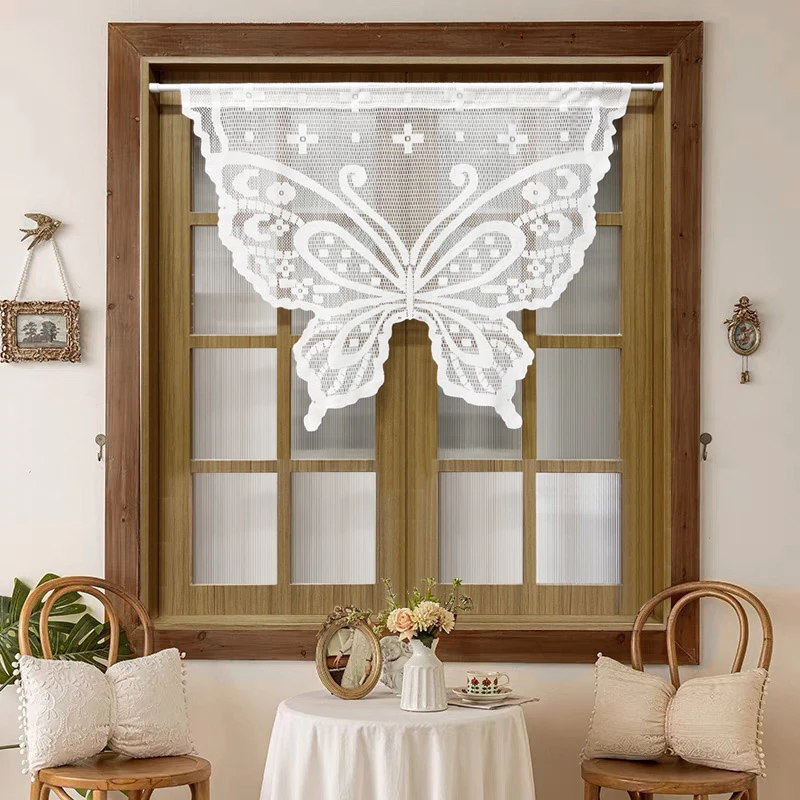 White Creative Butterfly Pattern Short Tulle Curtain Rod Pocket For Window Door and Bed Front Wall Decoration