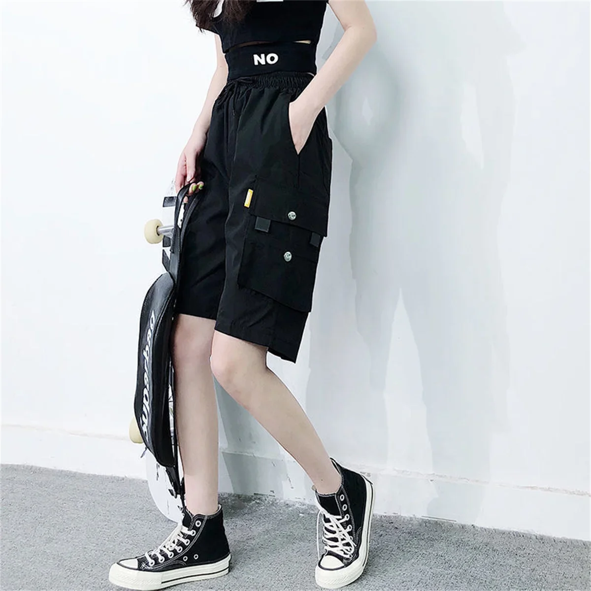 السراويل البضائع للنساء Harajuku عالية الخصر فضفاض Y2K الهيب هوب السراويل امرأة الشارع الشهير العصرية الصالة الرياضية جيب كبير Bf سراويل قصيرة