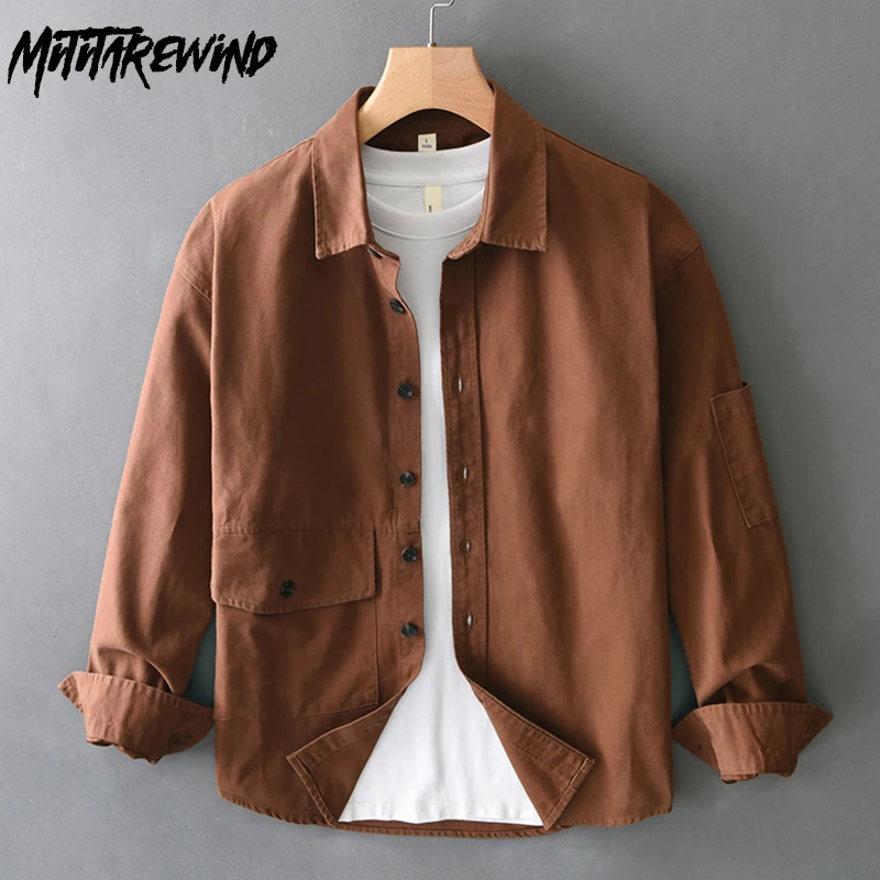 

Японская винтажная рубашка Мужская весенняя новая мужская рубашка с длинным рукавом с лацканами из чистого хлопка Рубашка на пуговицах с карманом Свободная коричневая рубашка 4XL