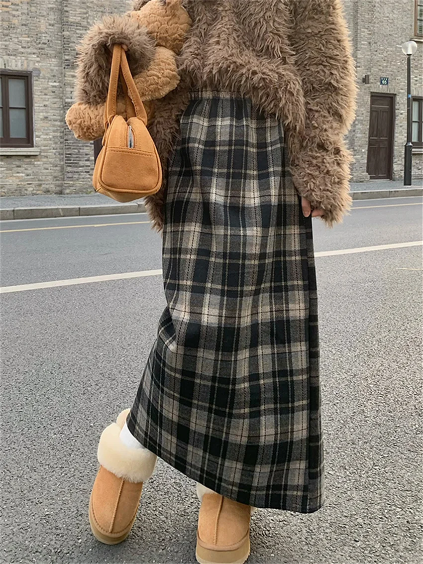 

Alien Kitty Vintage Plaid Chic Long Skirts Women Split Spring 2024 Plush Gentle Daily All Match High Waist Slim Chic Office Lady