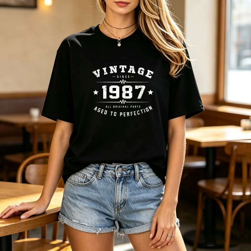 1987 Aged To Perfection Birthday Unisex T Shirt Vintage Star Graphic Casual Short Sleeve Born in 1987 Anniversary Party Y2k Top