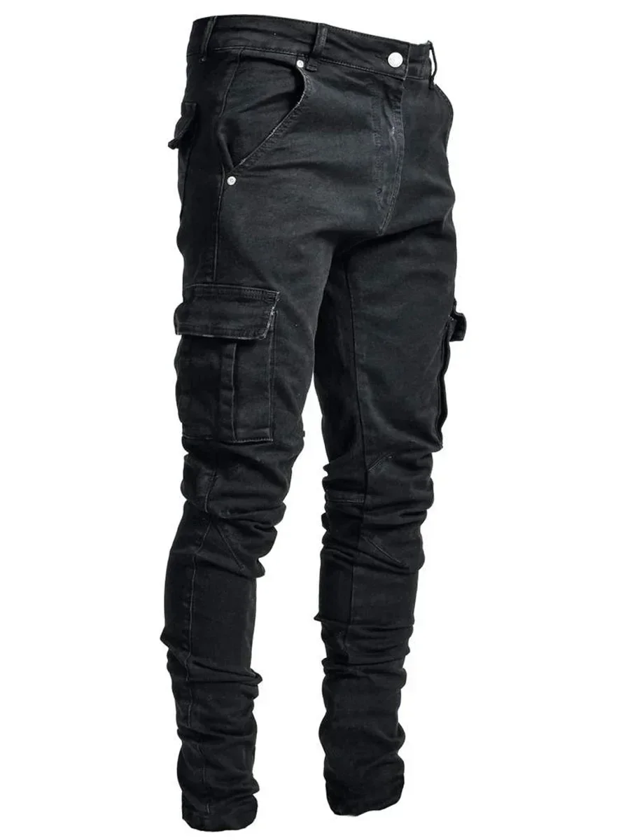 

2025 2025 Men Street Elastic Denim Jeans Wash Solid Color Multi Pockets Cargo Pants Casual Slim Fit Daily Wear Joggers Mid Waist