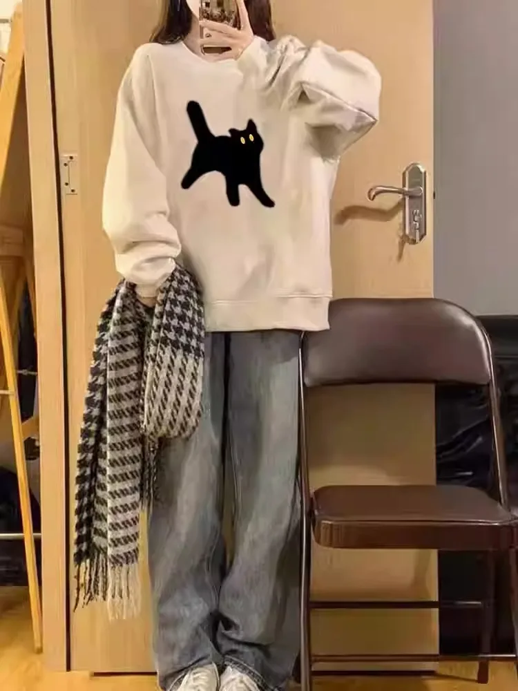 Koreanische Mode Frauen Übergroßen Lose Hoodie Herbst Winter Neue Cartoon Katze Gedruckt Langarm Vielseitig Top Trendy Grundlegende Stil