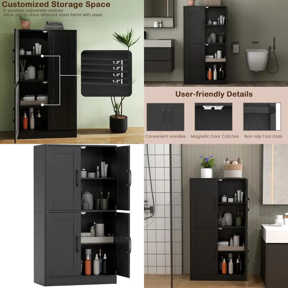 

Современный шкаф для хранения с дверцами и регулируемыми полками для дома, идеально подходит для гостиной, прихожей, кухни (черный)