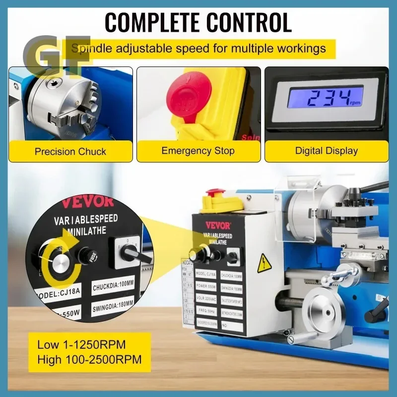 Mini Metal Lathe Machine 7"x14" Benchtop Digital Display 550W Variable Speed with 3-jaw Chuck for Metal Turning Threading