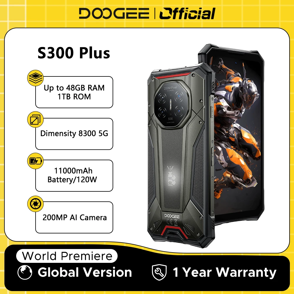 

Global Version DOOGEE S300 Plus 5G Rugged Phone Dimensity 8300 12GB 1TB 11000mAh 120W 6.78'' Display Android 16 Smartphone NFC