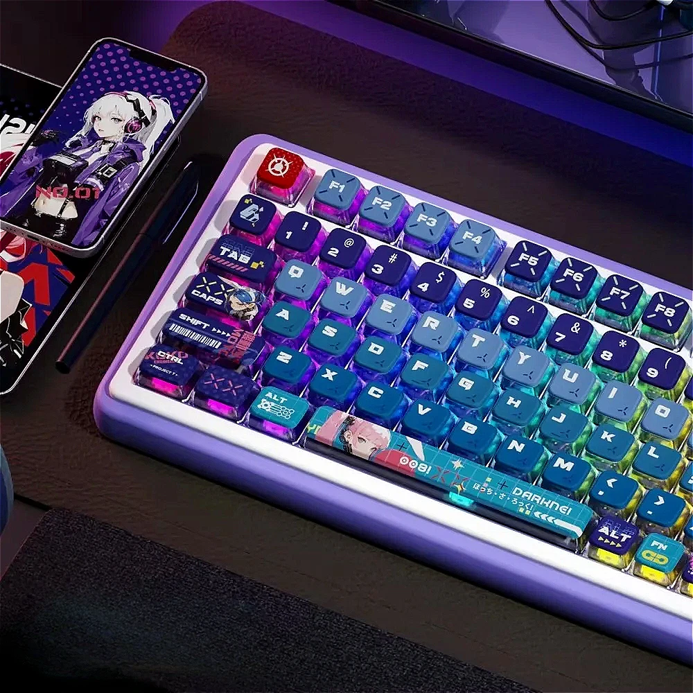 122 keys, blue pink purple, transparent personalized keycap PBT + PC keycap ASA for MX switch gaming mechanical keyboard