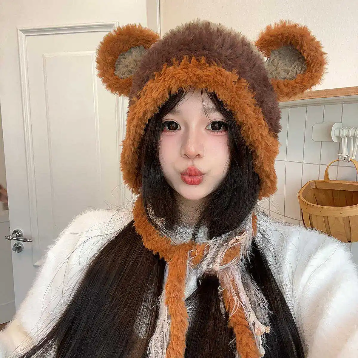 Adorable Autumn/Winter Teddy Bear Beanies Hats for Women Girls Cute Kawaii Ears Plush Pullover Hat Knit Warm Ear Protector Hats