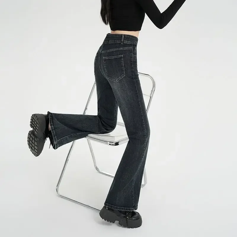 

Y2K Jeans American Retro Double Button Micro Flare Women Spring High Waist Slimming Horseshoe Pants