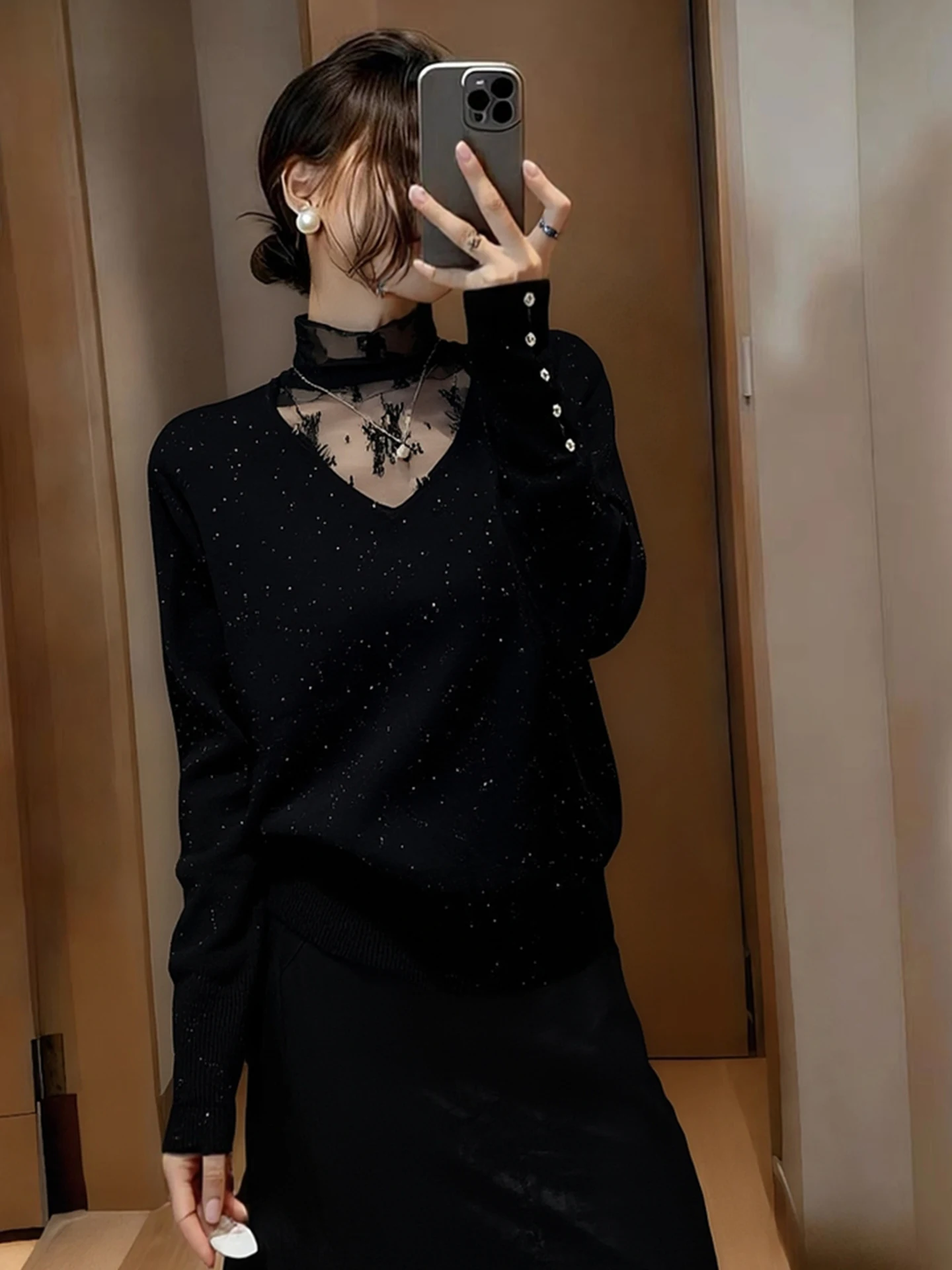 

Вязаный свитер Ele Bla с круглым вырезом, пайетками и длинными рукавами, базовый топ в корейском стиле, для повседневной носки, в стиле Poetic Art