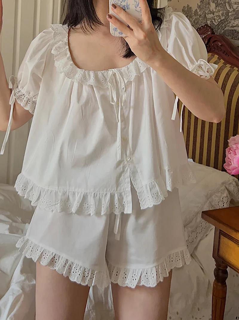 French Sweet Girls Summer Short Sleeve Homewear Pajama Two Piece Set Women Victorian Lolita Ruffles Vintage Princess Sleepwear