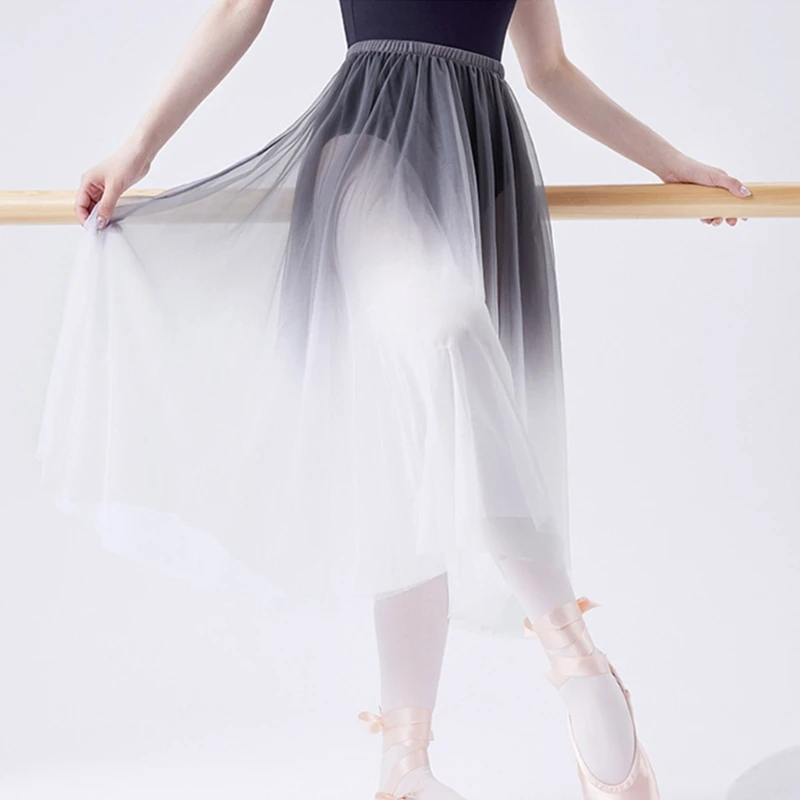 Women Ballet Wrap Skirt Double Layers Sheer Tulle Dance Flowy Skirt Pull On Elastic Waist Gradients Dance Long Skirt