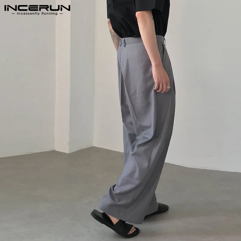 INCERUN 2024 Korean Style New Mens Trousers Casual All-match Wide Leg Long Pants Fashionable Street Solid Simple Pantalons S-5XL