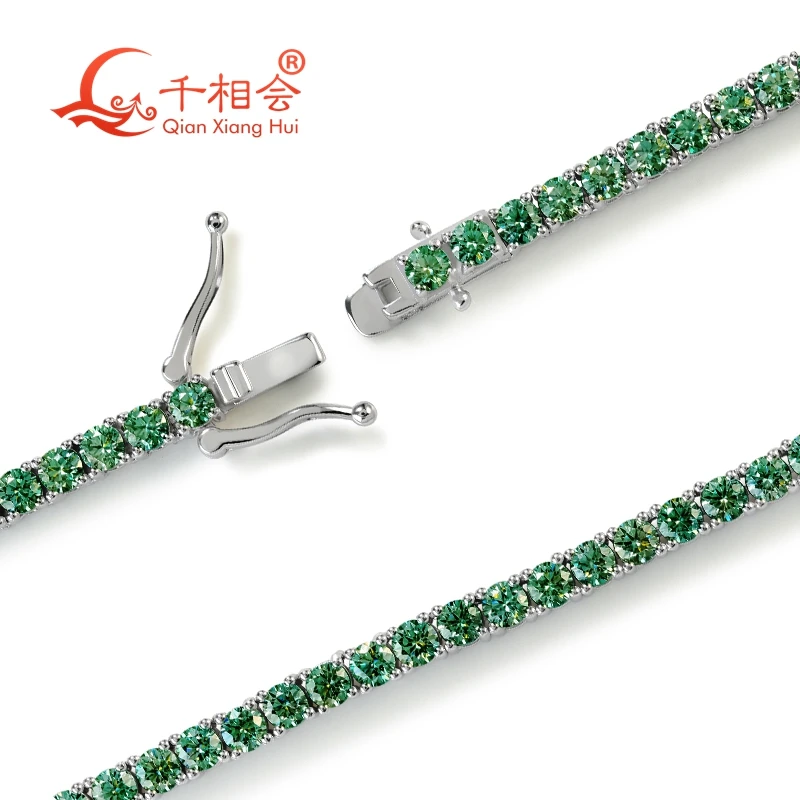 Necklace green  color Moissanite Tennis S925 Sterling Silver 3mm 4mm 5mm round  Luxury jewelry  gift Wedding Party