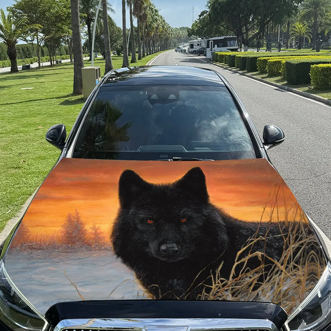 Mesmerizing Black Wolf Amid Sunset Field Car Vinyl Wrap, PVC Material Waterproof Car Hood Sticker, Self-Adhesive Scratch-Resista