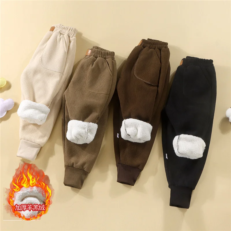 Kids Paded Pants Winter Boys Girl Plus Velvet Thick Warm Trouser Autumn Teen Cotton OuterWear Sport Casual Pant Children Clothes