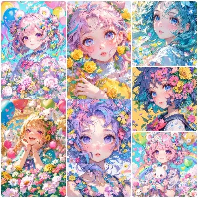 colecao-de-quebra-cabecas-de-retratos-de-fadas-com-baloes-e-flores-frescas-em-multiplos-paineis-ornamento-de-anime-em-tons-pasteis-doces