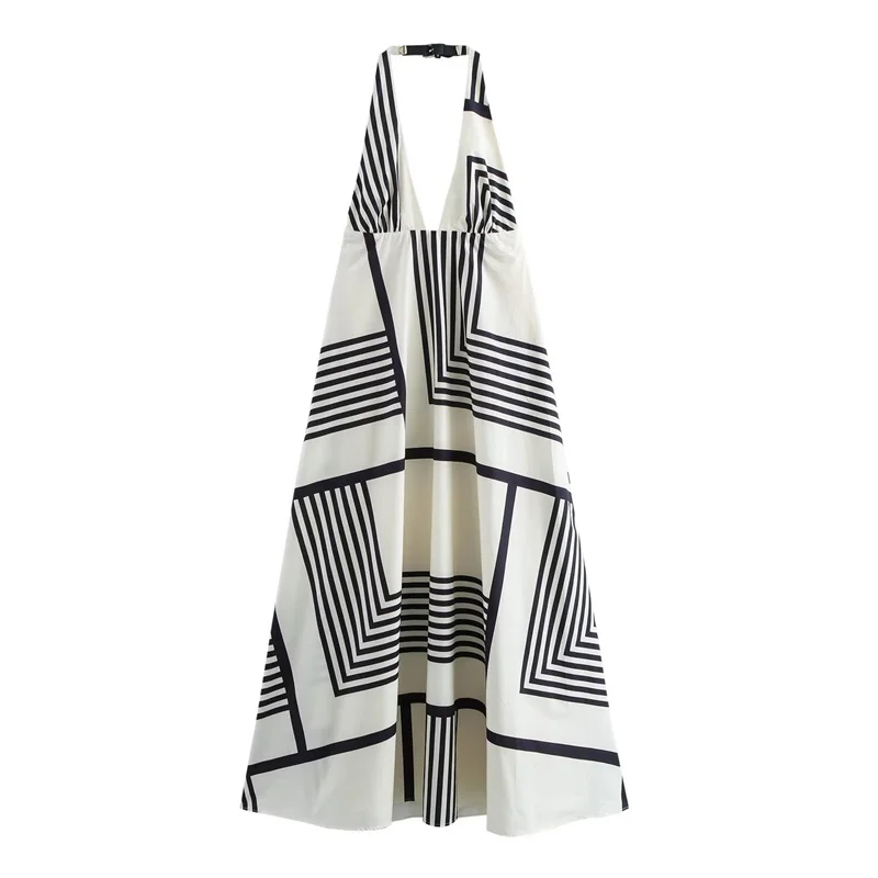 

Summer Women's Dresses 2024 New Fashion Backless Sleeveless Long Striped Printed Dress Elegant Vacation Beach Dresses
