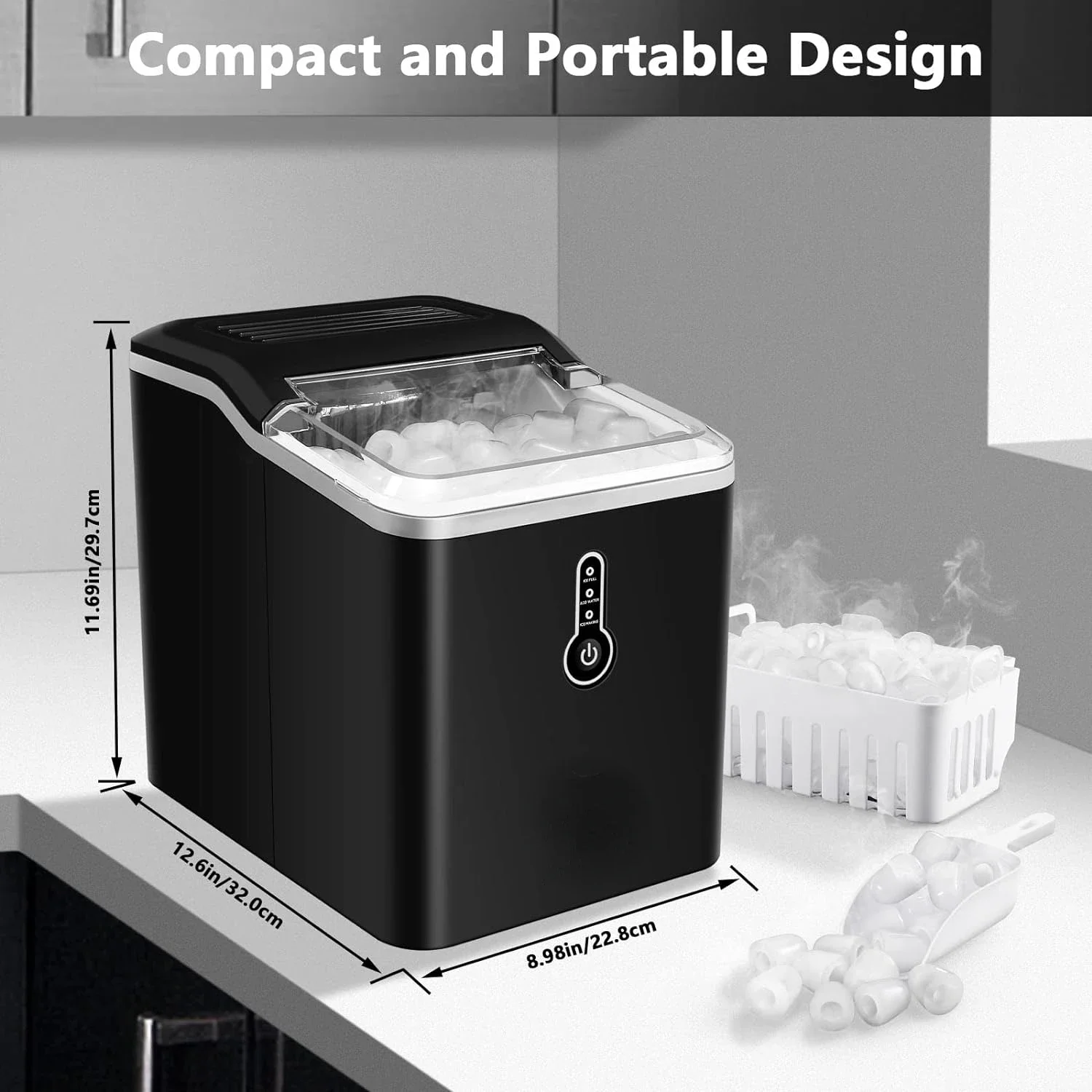 Máquina de gelo portátil eficiente compacta, 9 Thick Ice Machine, Produz 6 a 9 Mins, 26,5 Lbs of Ice, 24Hrs, Bancada