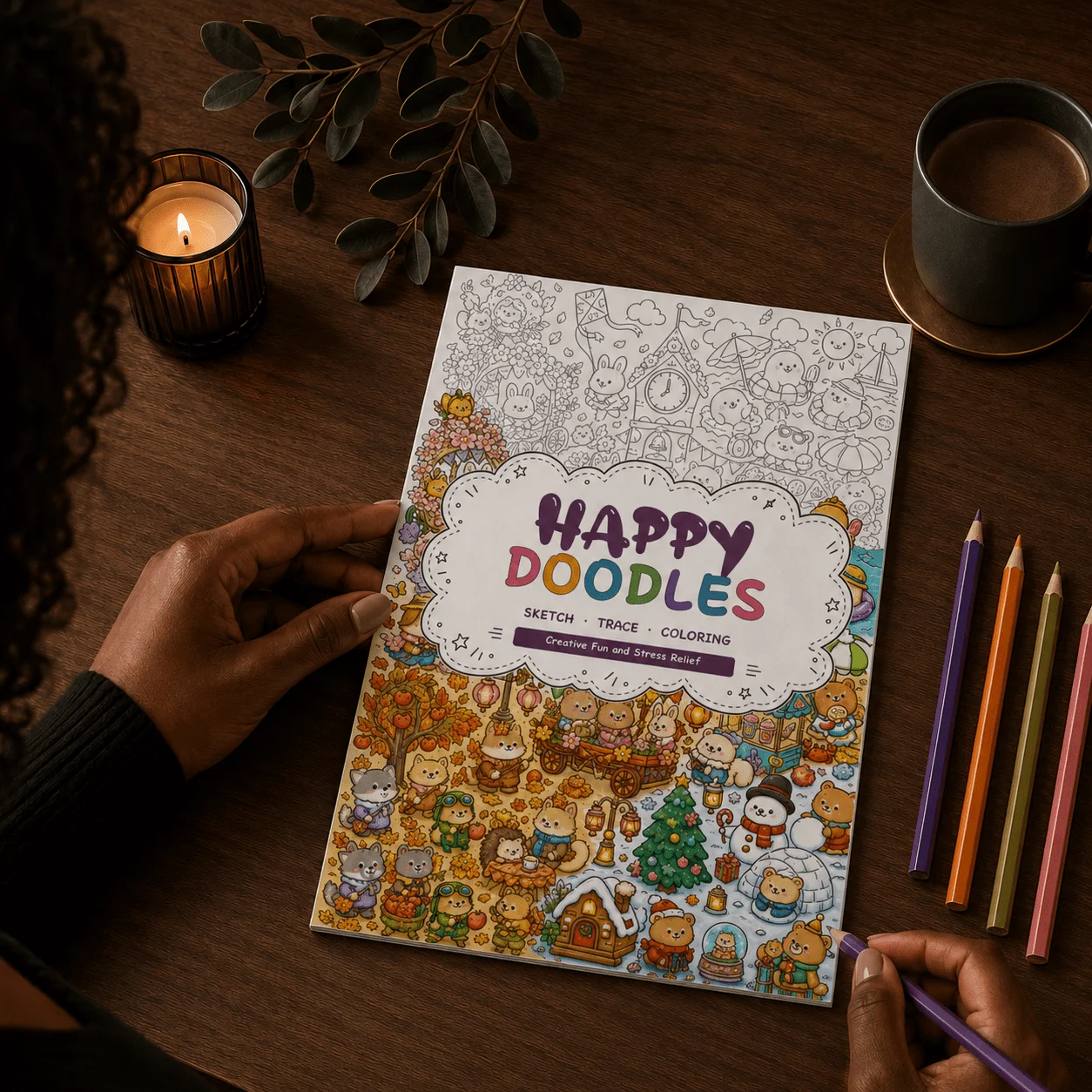 Happy Doodles Coloring Book, Cute Animals, Seasonal Doodles, Sketch, Trace and Cozy Creative Coloring Pages