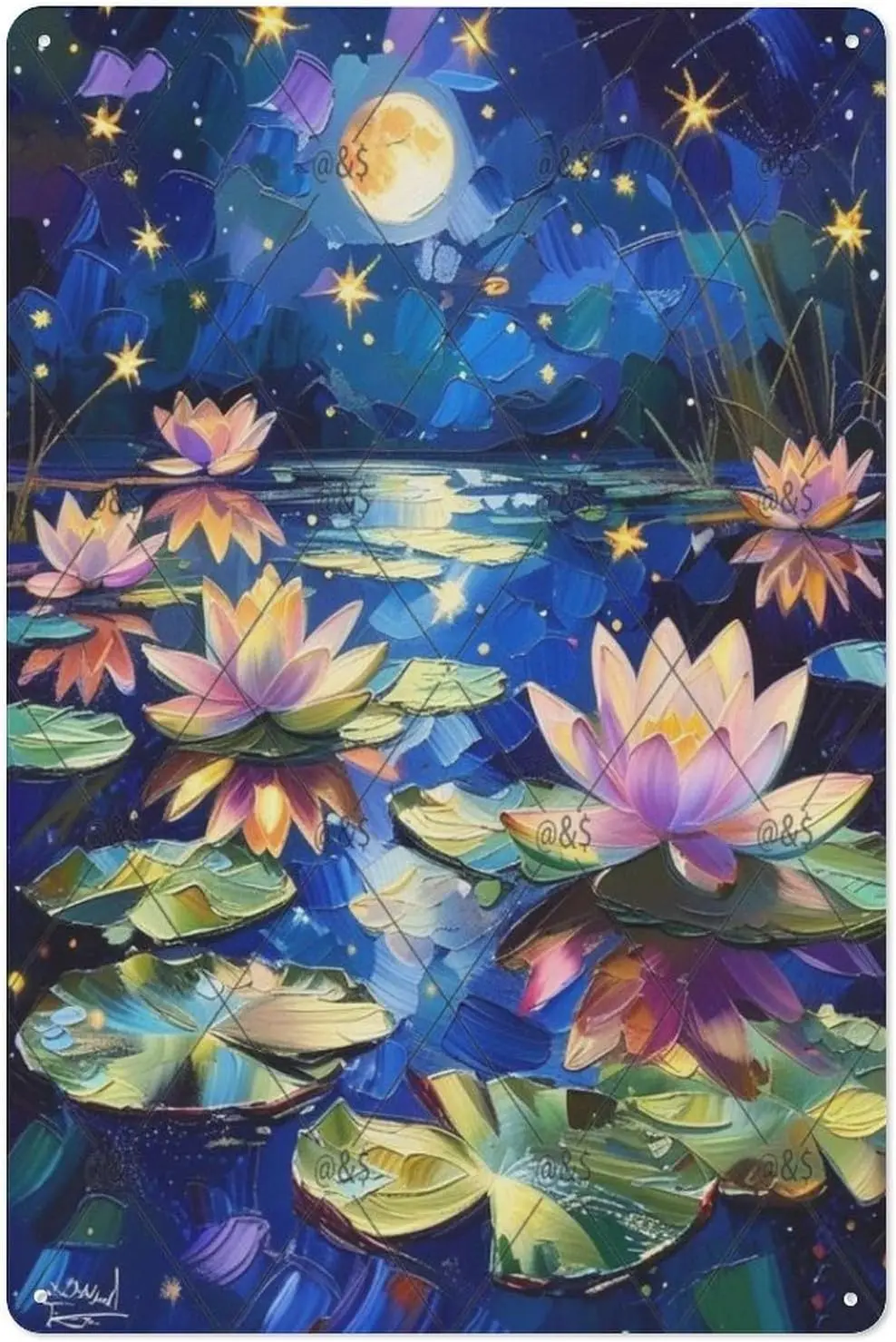 Metal Tin Sign 8 x 12 Inch,Moonlit Water Lilies Tin Signs Decor,Funny Metal Tin Signs for Man Cave,Metal Posters for Room Wall D
