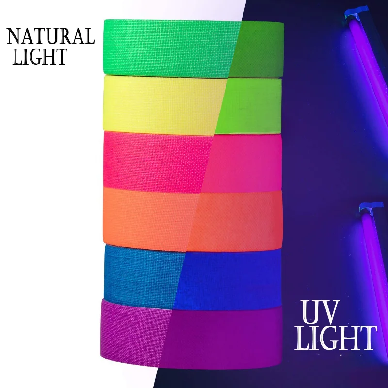 شريط لاصق، 6 ألوان قماش نيون، شريط متوهج بالأشعة فوق البنفسجية، 0.6 بوصة × 16.5 قدم × 6 لفات