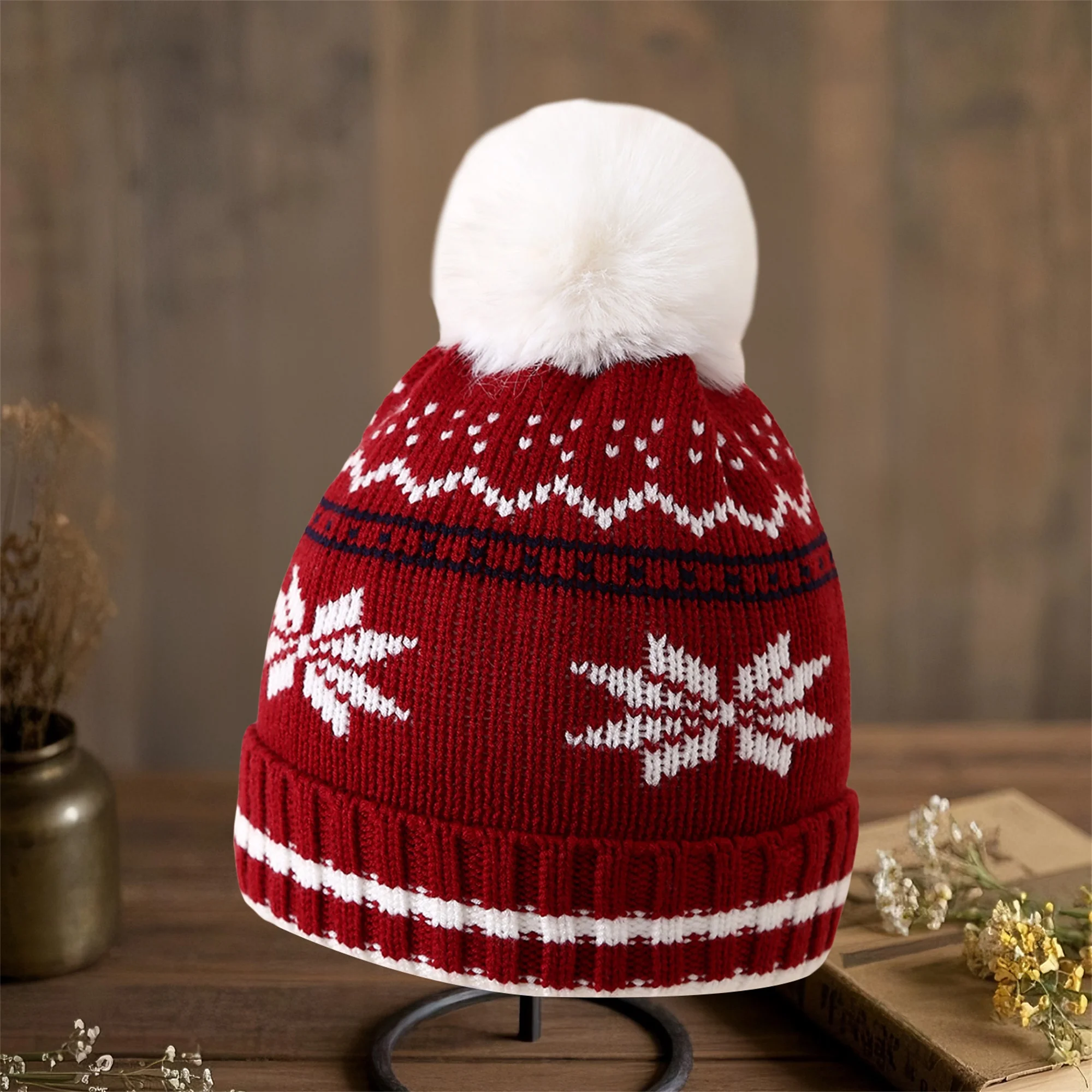 

Winter Knit Hat for Children Festive Snowflake Pattern Beanie with Faux Fur Pom Pom Cozy Windproof Cap