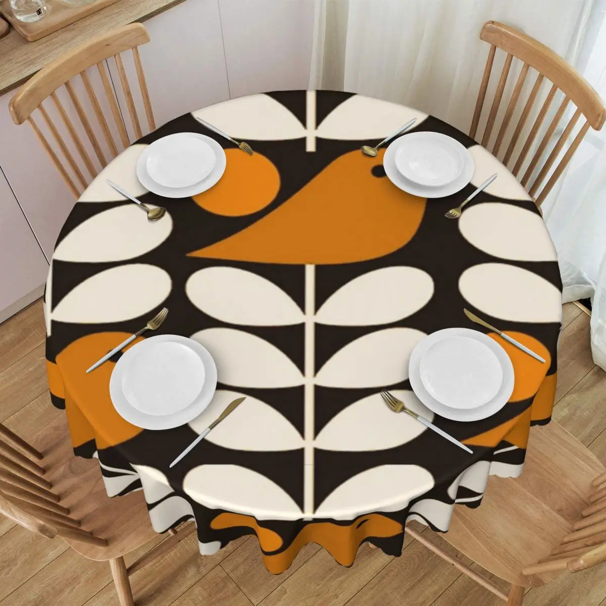 Custom Multistem Birds Black White Orange Tablecloth 60 inches Kitchen Table Cloth Waterproof Orla Kiely Scandi Table Cover