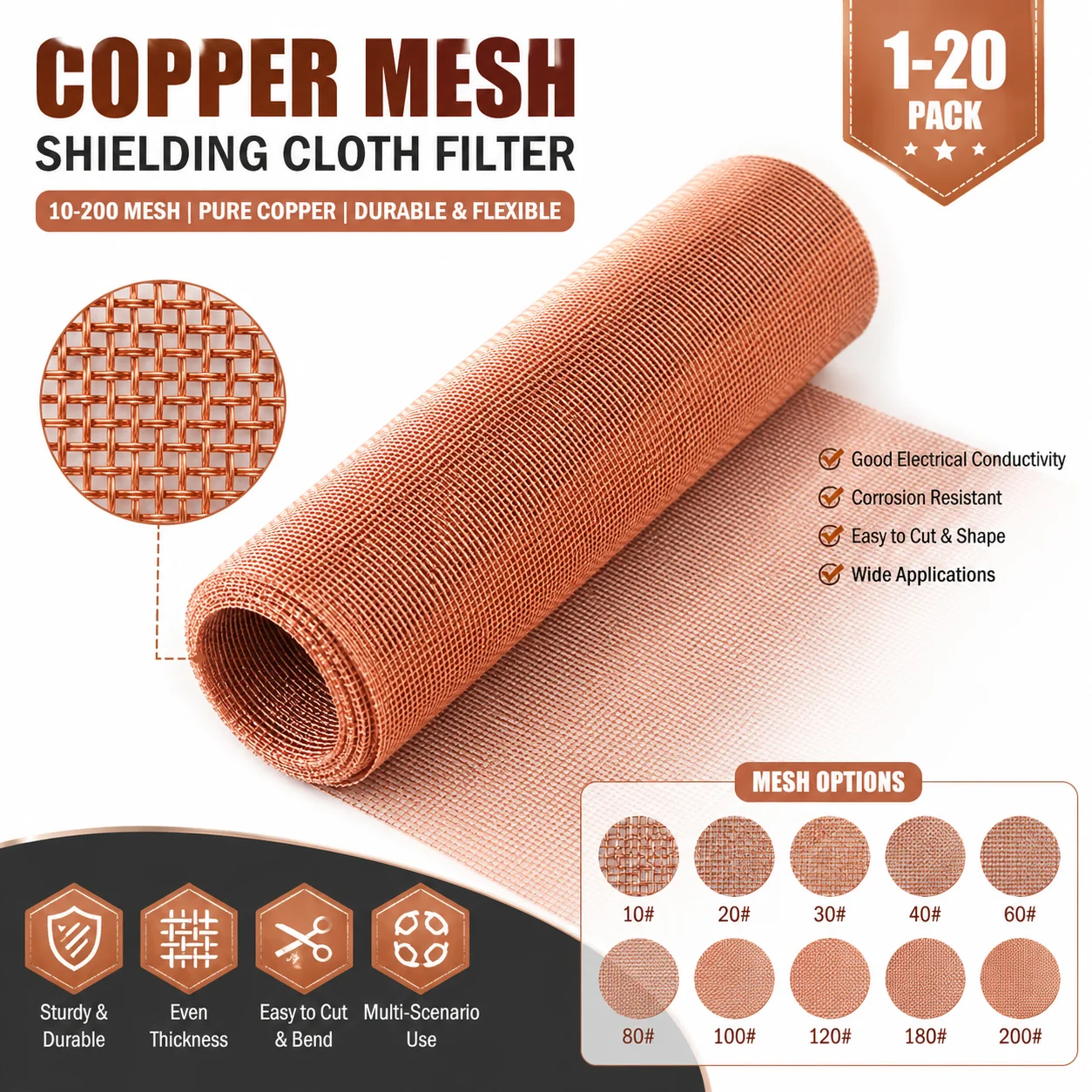 10-200 Mesh Copper Mesh 1/20 Pcs | Pure Copper Shielding Fabric, Metal Filter Sieve for Dry Sifting & EMI Signal Blocking