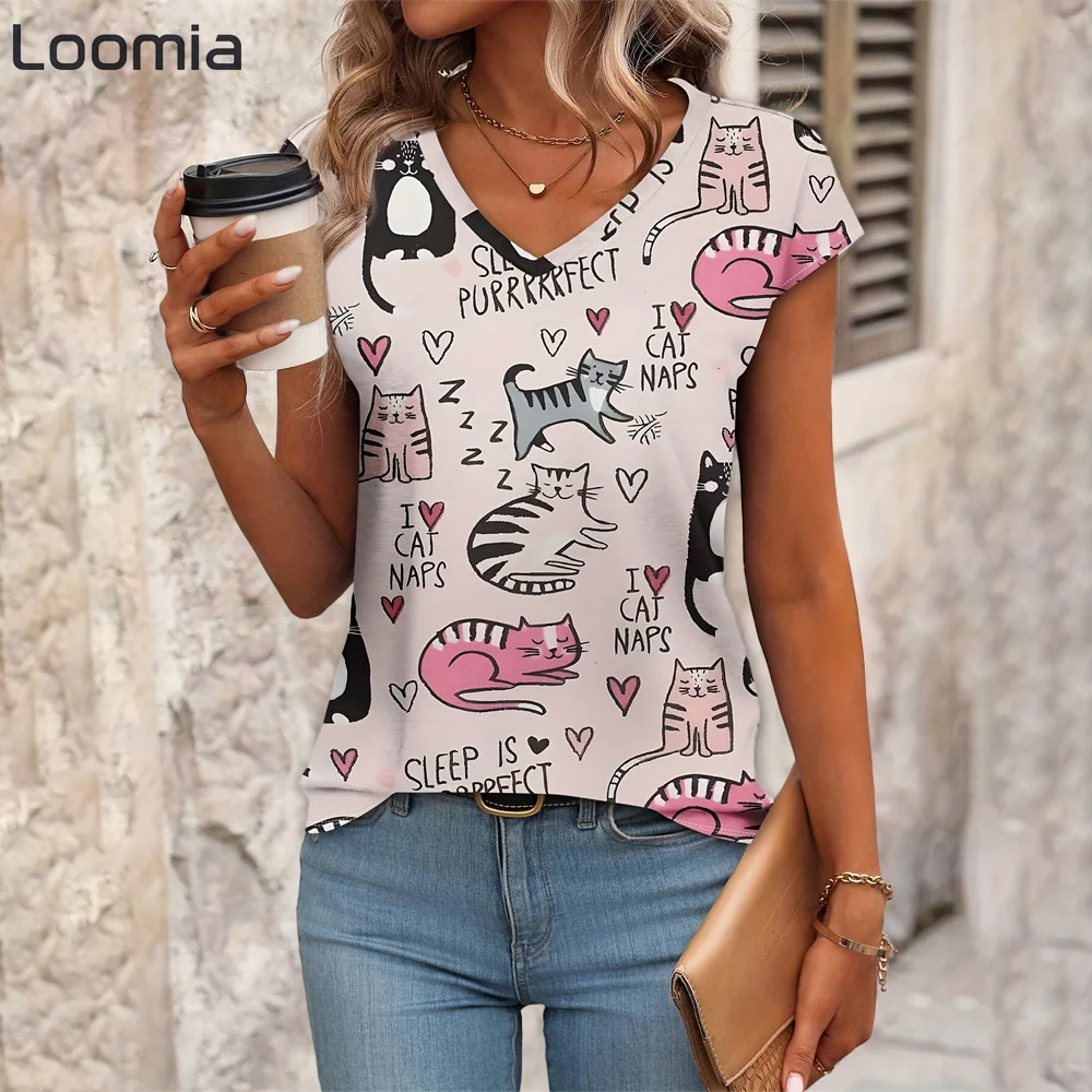 

Fashion Cat Graphic T Shirts Summew Woman Clothes Casual Harajuku T-Shirt Y2k Clothes V-Neck Female Clothing Animal Top Women