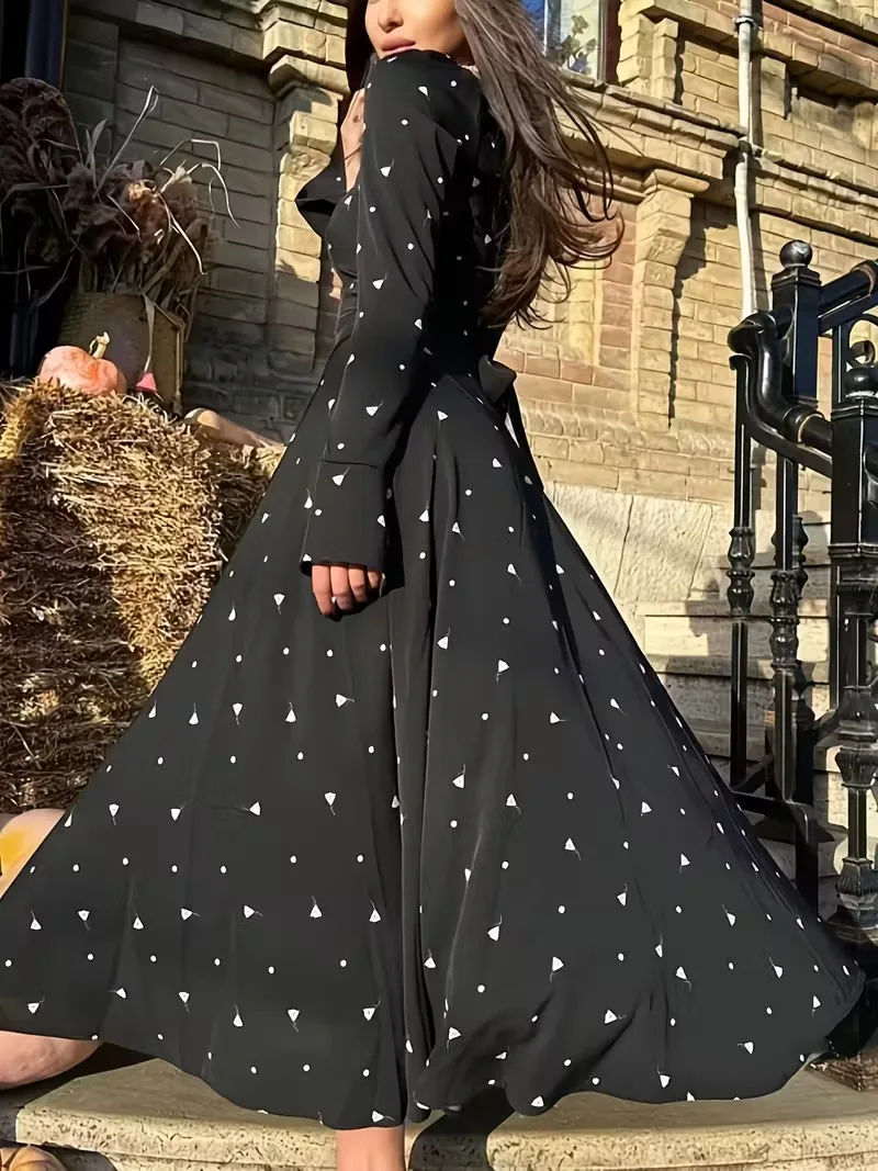 Sukienka damska, nowa jesienna kolekcja, modna, z nadrukiem, długi rękaw, wysoki stan, wiązana, stylowe sukienki damskie