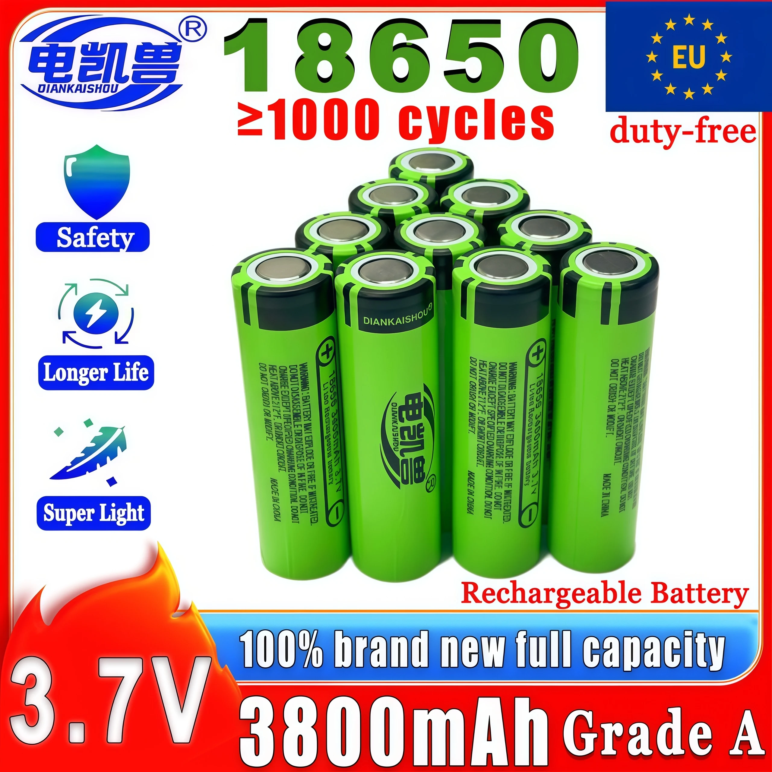 

DIANKAISHOU новый 3,7 В 18650 1000 циклов 3800 мАч высокопроизводительная литий-ионная аккумуляторная батарея электрический инструмент фонарик