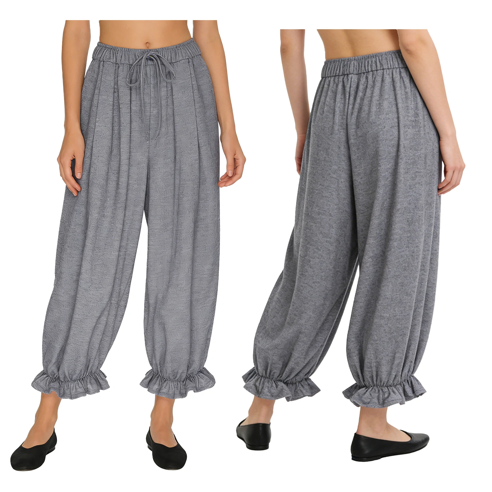 

Women Sport Casual Wide Leg Bloomers Long Pants Ruffled Legs Elastic Waistband Drawstring Loose Fit Trousers for Office Weekend