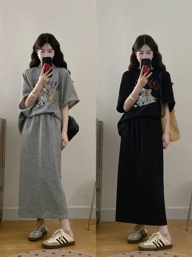 

Loose Short Sleeve T-Shirt And High Waist Skirt Set for plus Size Women Summer Casual Korean Style Cartoon Dog Print