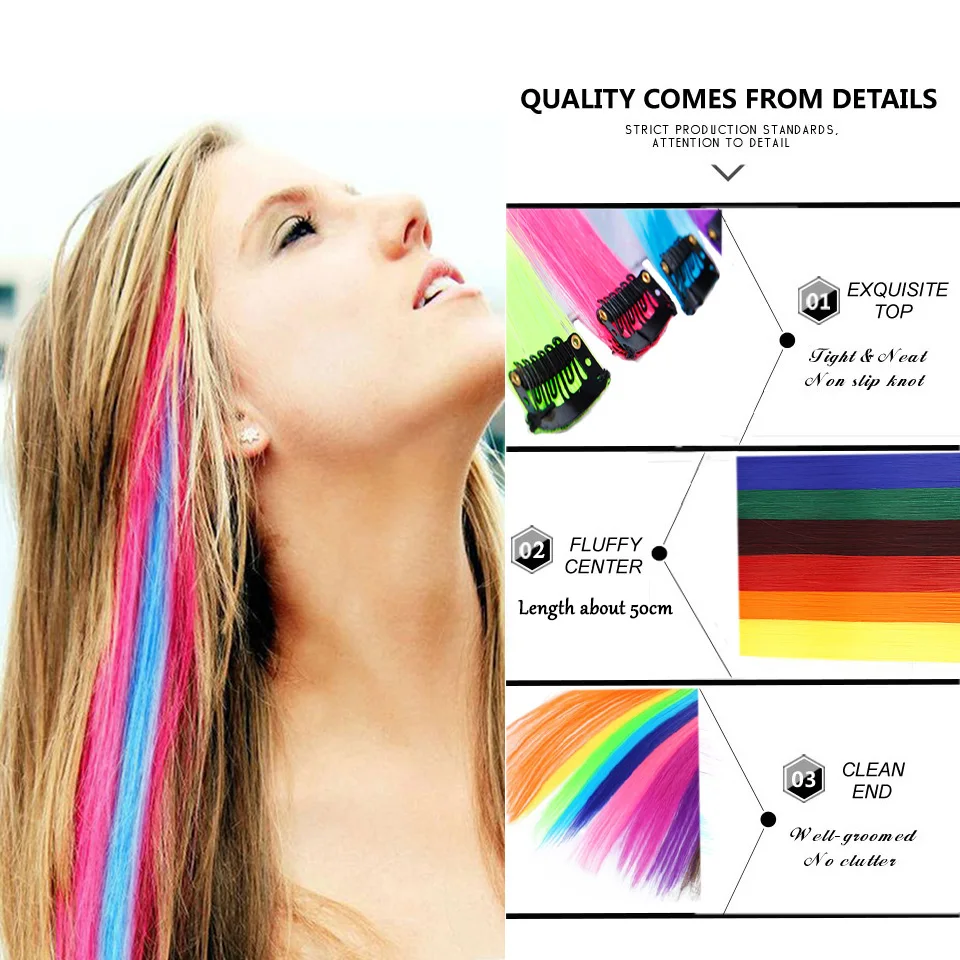 10Packs Straight Colored Clip In Hair One Piece Long Synthetic Rainbow 22 Inch Party Highlights Extensions For Women Kids Girls