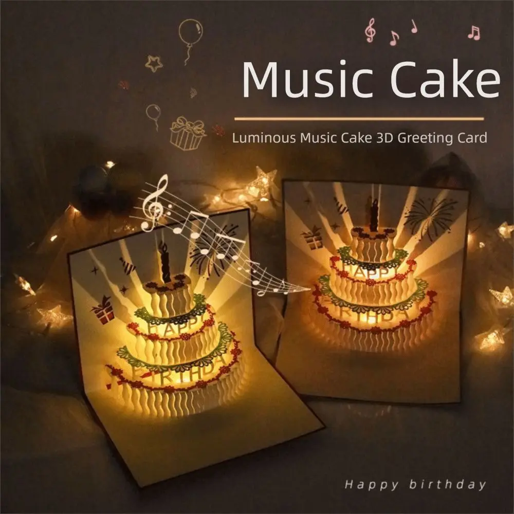 Pop Up 3D Music Light Birthday Cards Creative Smart Sensor Happy Birthday Greeting Card Hollow Foldable