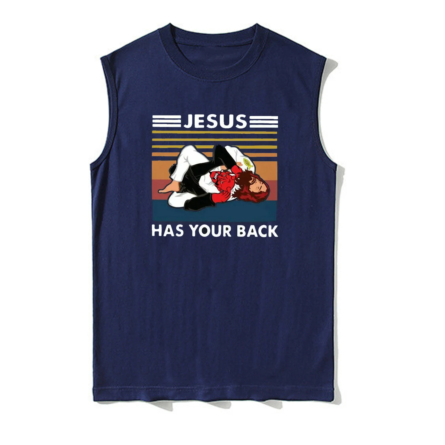 Funny Jesus Has Your Back Vintage Christian Jiu Jitsu Gift Tank Top 100% Cotton O-Neck Summer Casual Mens Vests Sleeveless Tee